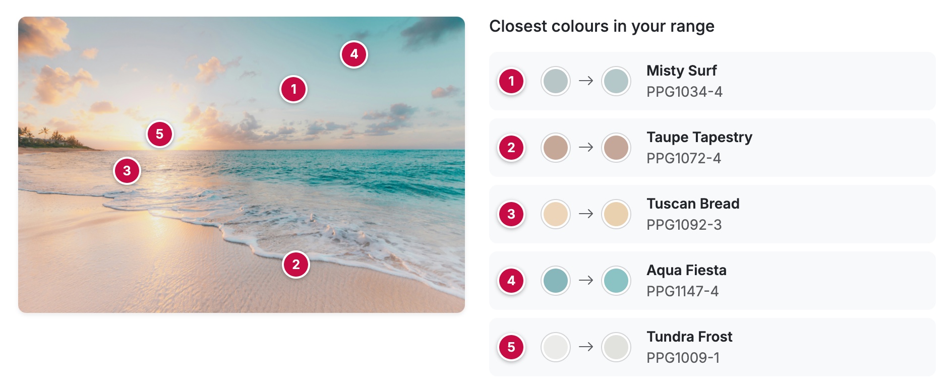 Photo Palette tool showing a photo of a wheat field matched to five LovePaint colours